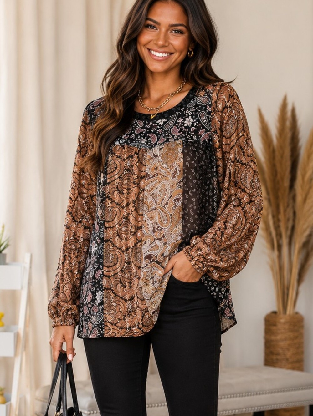 Cotton Bleu Floral Paisley Patchwork Chiffon Long Sleeve Top NWT
